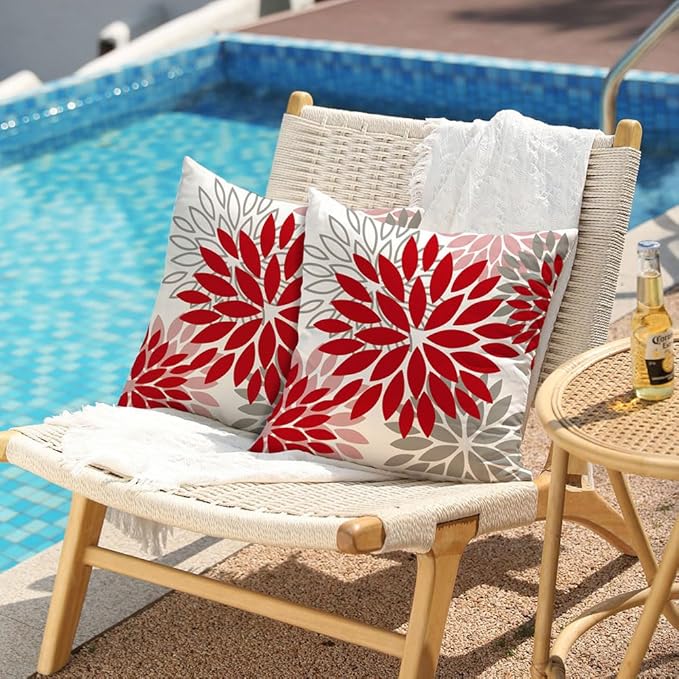 DFXSZ Red Pink Flower Pillow Covers 20x20 Inch Set of 2 Valentines Day Pillow Covers Outdoor Waterproof Decor for Living Room Sofa Patio Funiture Garden Floral Polyester pillowcovers 012F20