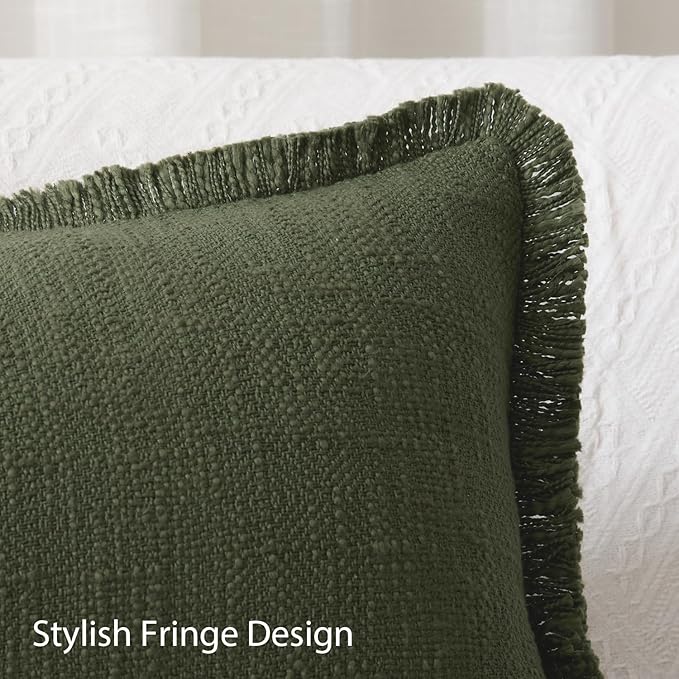 Kevin Textile 14x36 Inch Long Lumbar Pillow Cover 1 Pack Boho Fringe Decorative Rectangle Cushion Case with Tassels Neutral Cotton Woven Textured Farmhouse for Living Room Couch Sofa Bed, Olive Green