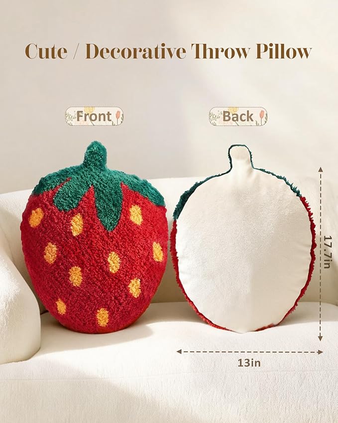 Strawberry Shaped Throw Pillow - Cute Decorative Plush Throw Pillow for Couch, Sofa, or Living Room, 17.7" x 13" Red Soft Cushion for Home Decor
