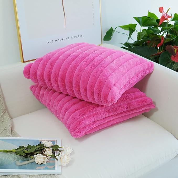 JOJUSIS Pack of 2 Faux Fur Plush Decorative Throw Pillow Covers Couch Cushion Case Soft Pillowcases (Hot Pink, 24 x 24-Inch)