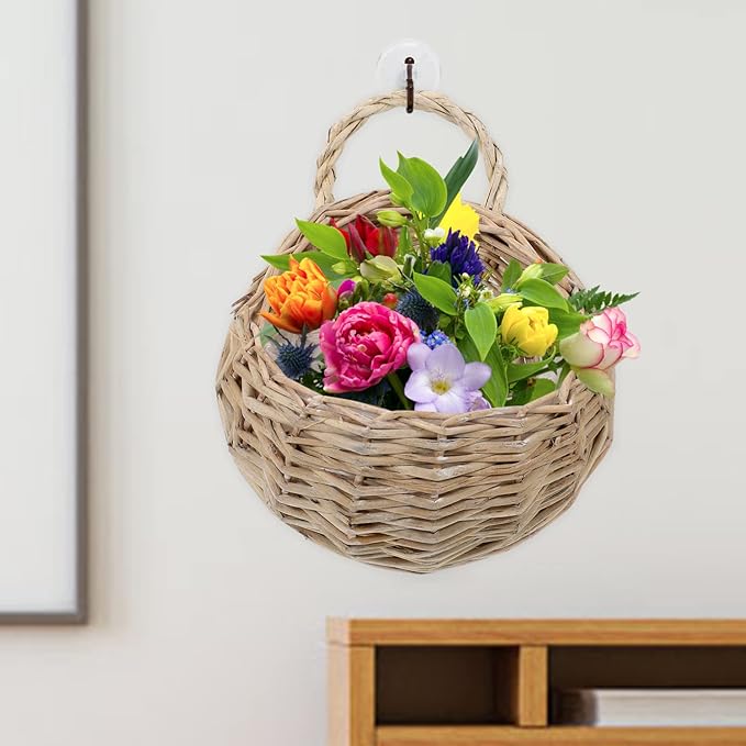 DOITOOL Rattan Woven Hanging Basket: 2PCS Wicker Wall Planter Woven Hanging Storage Basket Wall Flower Holders Indoor Outdoor Bohemia Planter