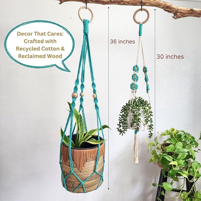Set of 2 Macrame plant hanger with Daisies & Beads | Hanging plant holder Macrame Plant hangers outdoor and indoor hanging planters Plant stand indoor Boho Decor hanging planter stand (Ocean Teal)