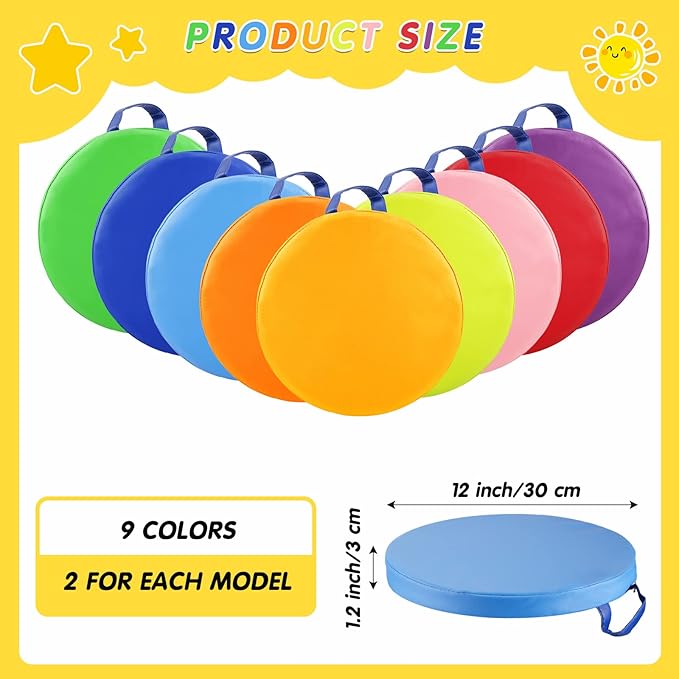 Marsui 18 Pcs Round Floor Cushions for Classroom, 12" Flexible Floor Seating with Handle for Kids Students Colorful Seats for School Kindergarten Daycare Playroom Home Nursery(Rainbow Color)