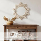 24" Boho Mirror Wall Decor Macrame Hanging Round Mirror with Wooden Beads Large Circle Sunburst Wall Decor for Bedroom Living Room Nursery Apartment Entryway Home Gift, Beige
