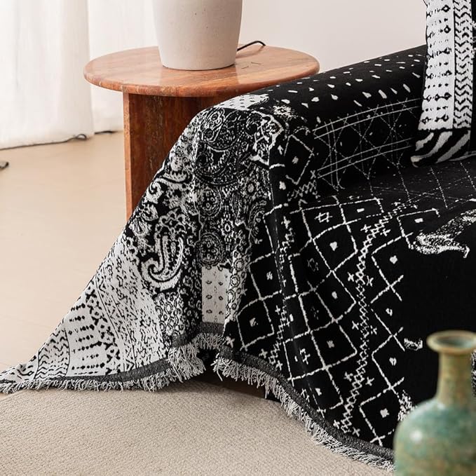 ROOMLIFE Boho Black Couch Covers for 3 Cushion Sofa, Chenille Couch Cover Sectional Sofa Cover for Dog, Washable Furniture Sofa Protector Cover Soft Blanket with Tassel for Living Room, 71 '' X 134''