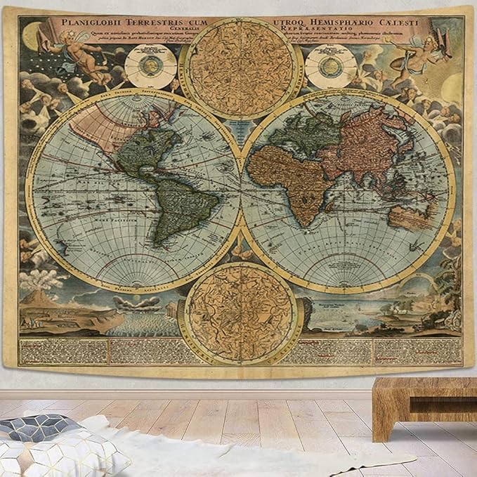 Vintage World Map Tapestry, Antique Old Nautical Map of the World Wall Art, Historical Atlas Geography Retro Wanderlust Pirate Tapestry Wall Hanging for Bedroom Living Room Dorm, 60X50in, Brown Tan