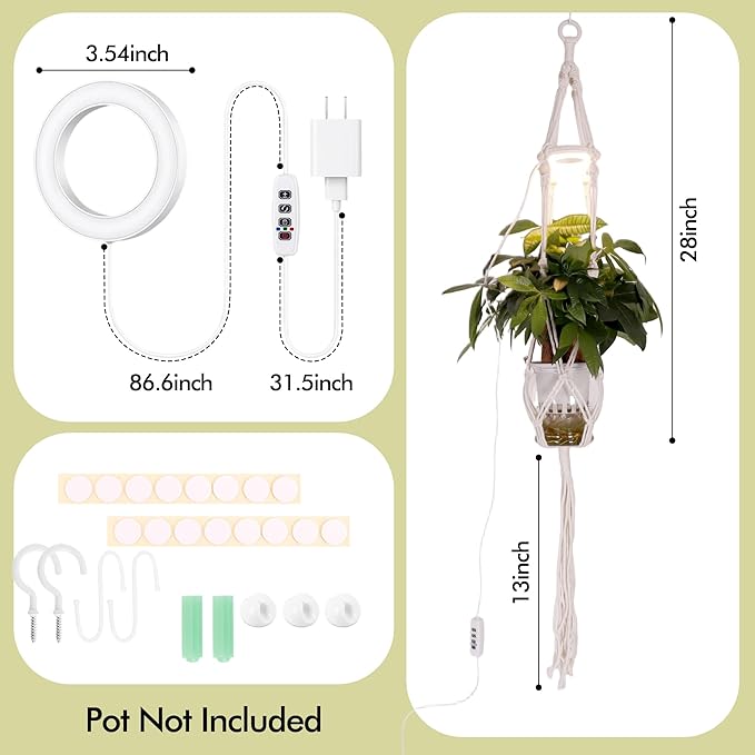 Hanging Plant Grow Lights for Indoor Plants with Timer, Wall Mounted Full Spectrum Pendant Growing Light with Macrame Plant Hanger, Ceiling LED Planta Luz for Potted Plants Home Decor(2 Pack)
