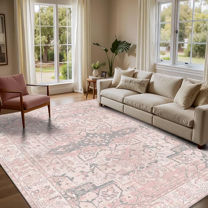 Pink Rug for Living Room Bedroom, 5x7 Washable Area Rugs, Cute Boho Style, Non Slip & Low Pile Faux Wool Carpet for Indoor Nursery Room, Classroom Dorm, Kids Room and Dining Room(Pink 5x7ft)