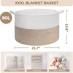 INDRESSME Large Laundry Basket, 21.7'' x 13.8'' Cotton Rope Blanket Basket Living Room Toy Baskets Storage Kids, Woven Baskets for Dirty Clothes, Pillows, Towel, 90L Light Brown