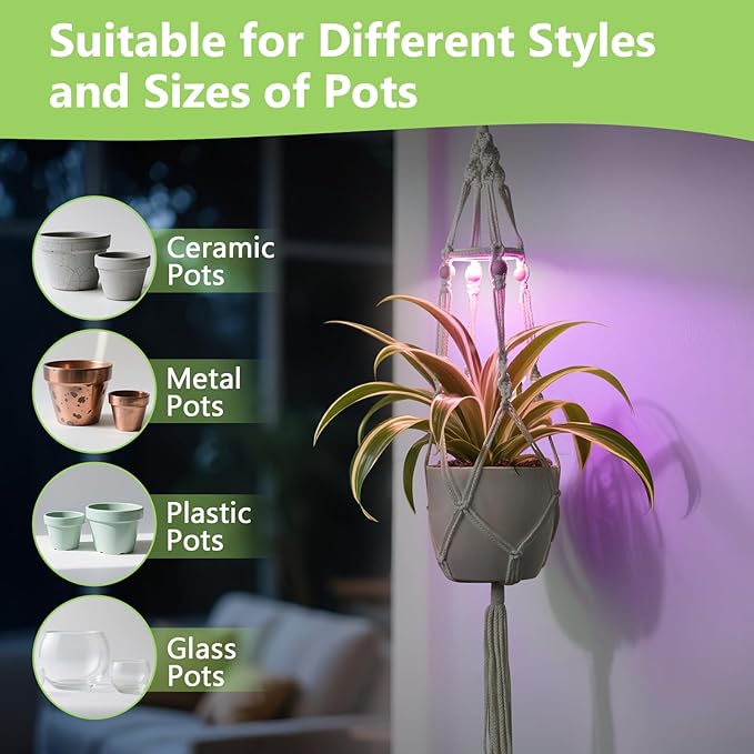 2 Pack Macrame Plant Hanger with Grow Light: Boho Hanging Planters with Light for Indoor Plants, Ideal for Apartments, Small Spaces, Low-Light Rooms (GrowPro Spectrum)