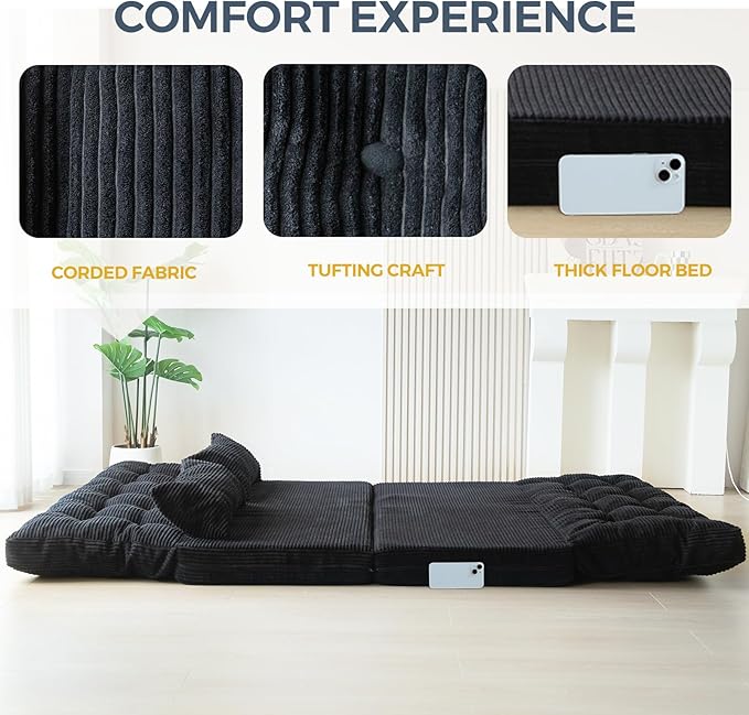 MAXYOYO Folding Sofa Bed, Tufted Bean Bag Bed with Pillows Floor Mattress for Adults, Extra Thick and Long Floor Sofa, Full Floor Couch Bed for Bedroom Living Room, Black, 54x91 Inch