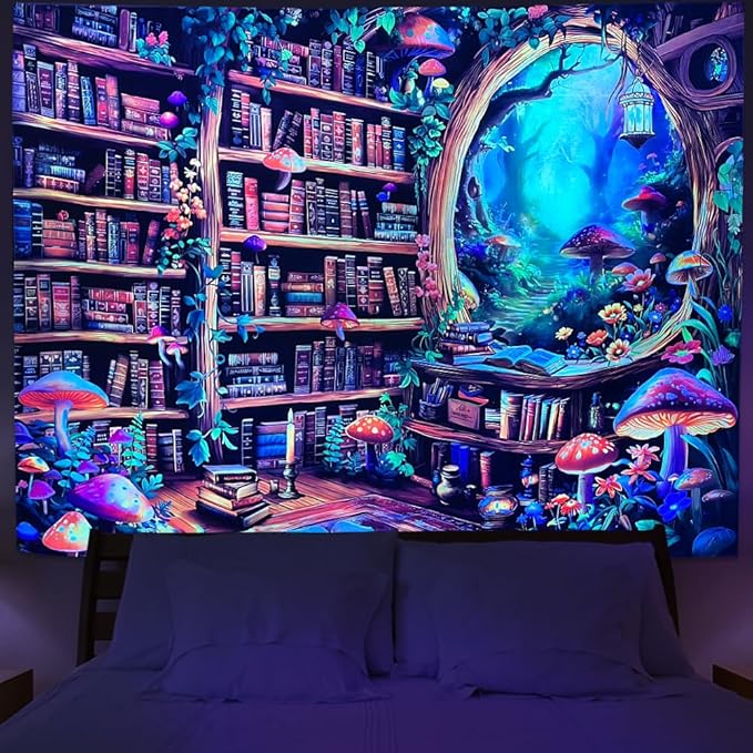Lahasbja Blacklight Bookshelf Tapestry UV Reactive Magical Library Wall Hanging Fantasy Fairy Mushroom Forest Wall Tapestries Plants Bookcase Background for Bedroom