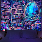 Lahasbja Blacklight Bookshelf Tapestry UV Reactive Magical Library Wall Hanging Fantasy Fairy Mushroom Forest Wall Tapestries Plants Bookcase Background for Bedroom