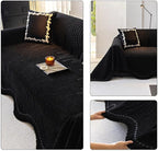 ROOMLIFE Black Sofa Cover, Vintage Boho Couch Cover for 3 Cushion Sofa, Non Slip Soft Chenille Sofa Slipcovers for Dog, Washable Furniture Sofa Protector Cover with Tassel for Living Room, 71''X118”
