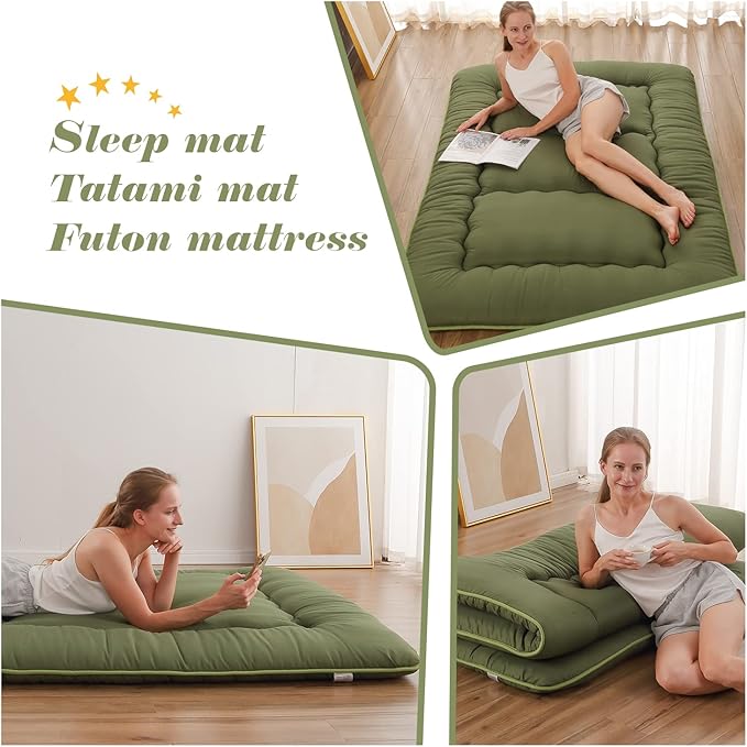 Japanese Floor Mattress, Futon Mattress with Portable Storage Bag and Washable Cover, Roll Up Thick Tatami Mat Suitable for Camping, Guest Room, Green, Queen