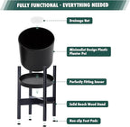 D'vine Dev Planter Pot with Stand - 14 Inch Plastic Cylinder Flower Pot with Wood Planter Holder for Indoor, Matte Black Pot + Ebony Stand, 55-C-T-2