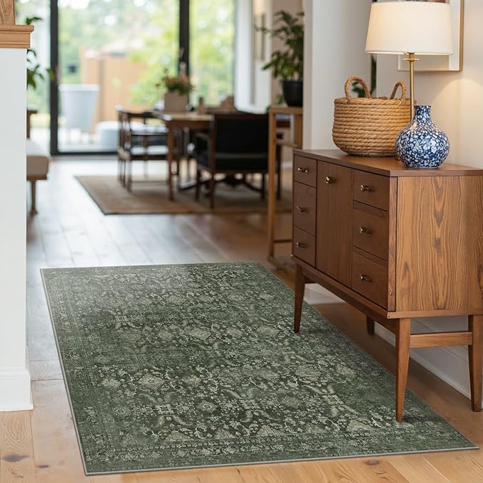 3x5 Rug for Entryway Bedroom, Green 3x5 Washable Area Rug, Vintage Retro Boho Throw Rug, Non Slip & Low Pile Small Carpet for Indoor Entry, Kitchen, Bedside, Living Room, Bathroom and Dining
