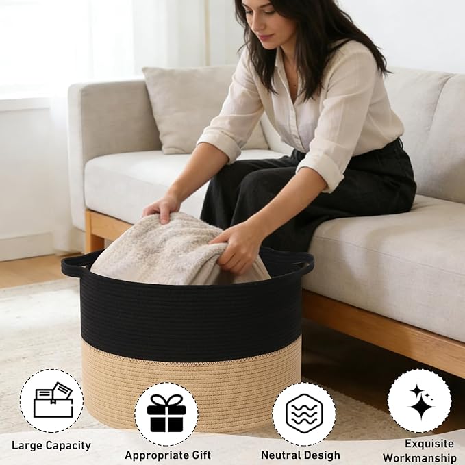 90L Large Blanket Basket,21.7"L x 21.7"W x 13.8"H Rope Woven Baskets with Handles, Toys Storage Bins,Laundry Basket Perfect for Living Room, Nursery,Bedroom,Home Organization,Black&Camel