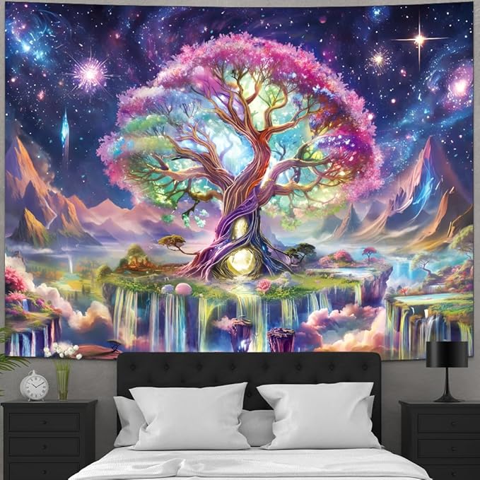 Huzuya Tree of Life Tapestry Blacklight Aesthetic Tree Tapestry UV Reactive Galaxy Space Tapestries Fantasy Waterfall Wall Tapestries Colorful Starry Sky Wall Hanging Decor for Home