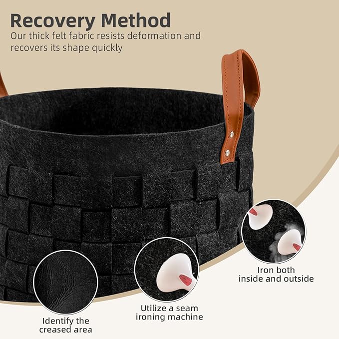 BOLDMONKEY Laundry Basket 15" x15 " x13 " 2 Pack, Round Blanket Basket with Leather Handle, Felt Storage Basket for Living Room, Nursery, Dog Toys-Dark Gray