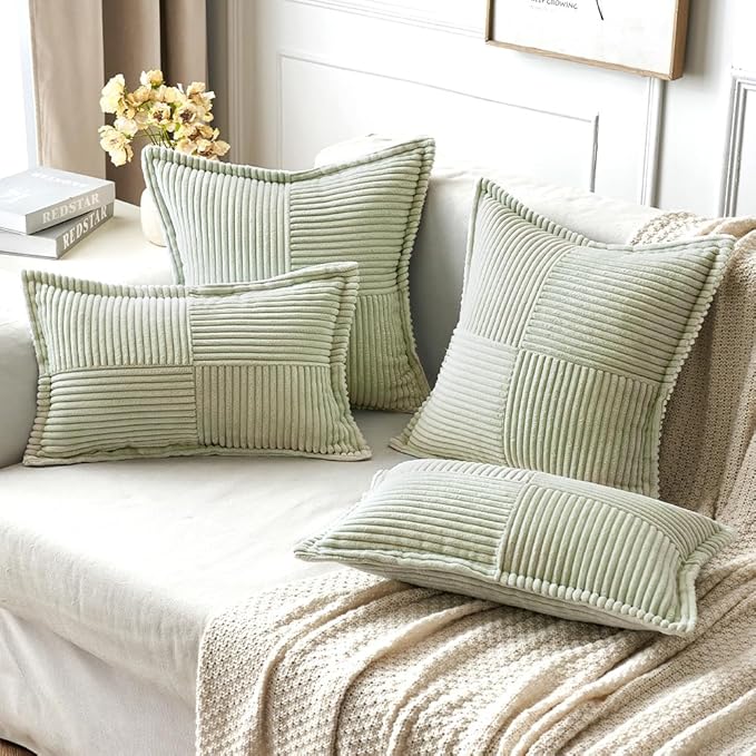 MIULEE Spring Decorative Throw Pillow Covers for Couch Bed Livingroom 16x16 Inch Set of 2 Light Green Boho Accent Throw Pllows Broadside Striped Patchwork Soft Corduroy Summer Pillowcases