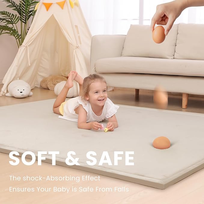 Baby Play Mat for Floor,1.3" Thick Memory Foam Tummy Time Mat,Soft Coral Velvet Nursery Rug,Extra Large Non Slip for Crawling,Toddlers,Infants,Kids,Tatami Style for Living Room(Beige)