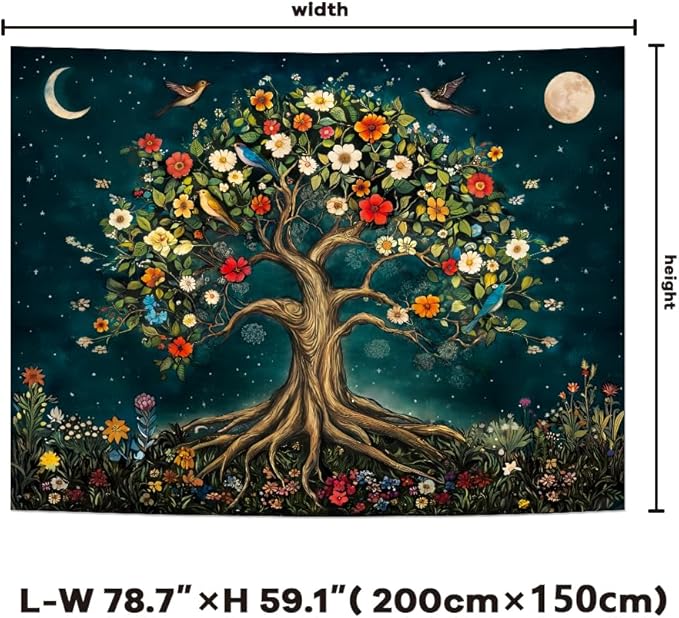 Amtoodopin Tree of Life Tapestry Mystic Boho Flowers Tapestry Vintage Aesthetic Tree Wall Tapestries Retro Nature Floral Plants Tapestries Wall Hanging for Bedroom