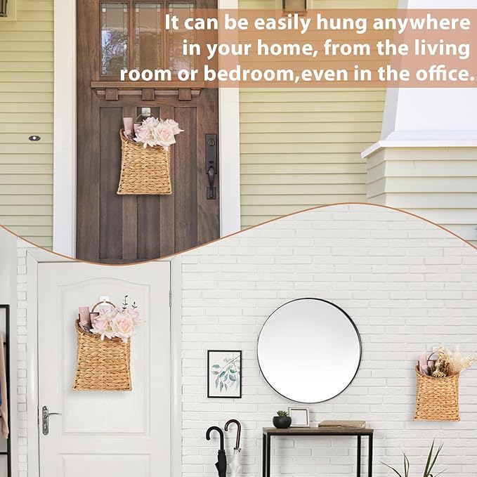 2 Pack Woven Hanging Wall Basket for Front Door 10.2'' + 8.2'' Water Hyacinth Basket for Flowers Handmade Hanging Wicker Baskets Boho Wall Mount Storage Organize for Home Door Shelves Walls