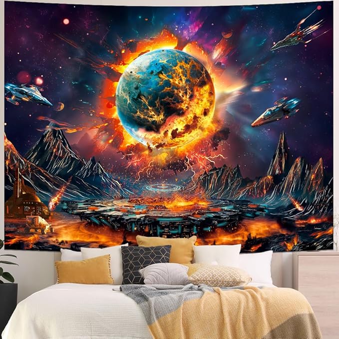 Generleo Planet Galaxy Space Tapestry Psychedelic Universe Nebula Tapestries Mysterious Mountain UFO Wall Decor Starry Sky Tapestry Wall Hanging for Bedroom