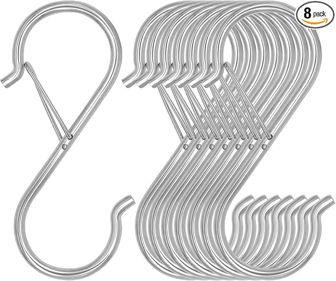 8 Pack S Hooks for Hanging, 3.5 inch Heavy Duty Metal S Hooks with Safety Buckle S Shaped Hooks Pot Rack Closet Hooks for Hanging Plants, Clothes, Kitchen Utensil, Pots, Pans, Bags (Silver)