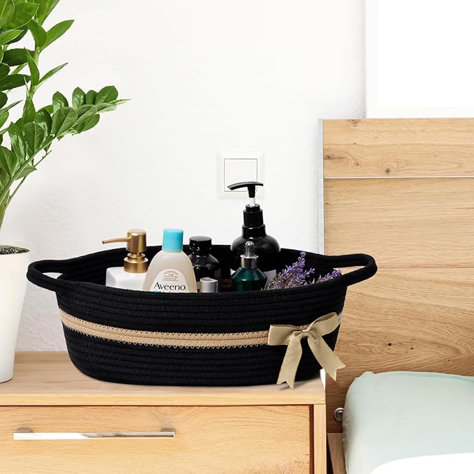 CHICVITA Baby Gift Basket Small Woven Baskets for Organizing, Black Storage Basket for Toys, Towels, Diapers, Decorative Baskets for Nursery, 13 x 9.8 x 5 inches