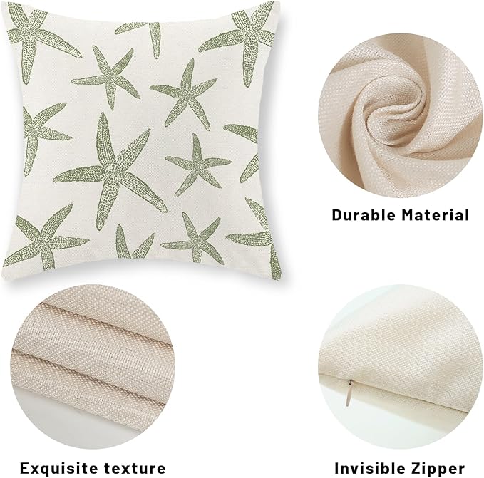 Sage Green Starfish Pillow Covers 18x18 Set of 2 Coastal Throw Pillows Spring Summer Nautical Ocean Theme Beach Decorative Pillow Cases Farmhouse Outdoor Decor Cushion Case for Home Bedroom