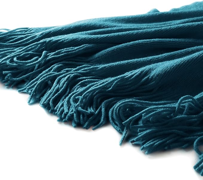 Homiest Decorative Knitted Throw with Fringe, Lightweight Acrylic Knit Blanket, Soft & Cozy Tassel Blanket for Couch, Sofa, Bed (Turquoise, 50 x 60 Inch)