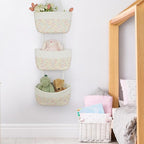 TeoKJ 3-Tier Woven Cotton Wall-Mounted Hanging Storage Baskets, Over the Door Organizer Bin for Kids Room, Bathroom, Bedroom, Kitchen, White & Rainbow Stitching