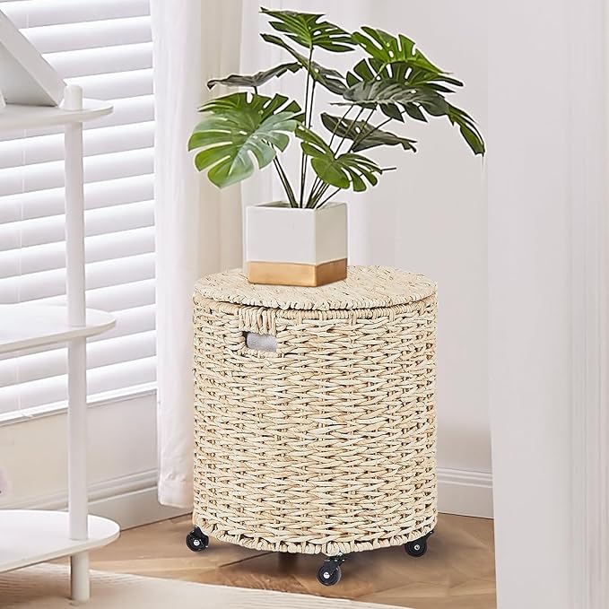 Wimarsbon 2Pcs Pouf Ottomans, Natural Seagrass Foot Stool, Hand Weaving Round Ottoman, Boho Decorative Seat, Jute Braided Pouffe Poof Accent Sitting Footrest (Storage Corn Husk)