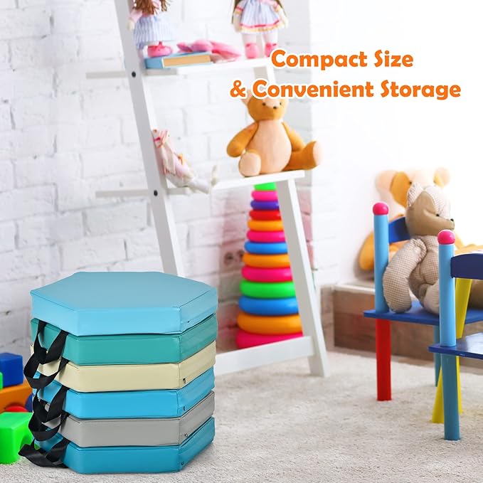 HONEY JOY 6PCS Floor Cushions for Kids, 15 Inch Flexible Alternative Portable Classroom Seating with Handles, Easy to Clean, Thick Soft Foam Hexagon Comfy Seats for Daycare Preschool (Hexagon, Blue)