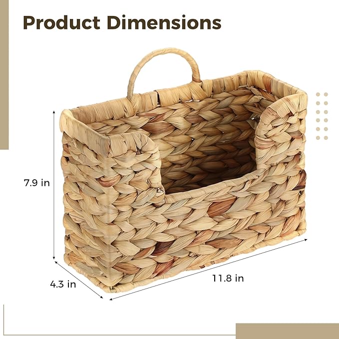 Woven Water Hyacinth Wall Basket - Hanging Magazine Holder & Mail Organizer, Natural Wicker Wall Storage Pocket for Files, Books, Entryway & Office Decor