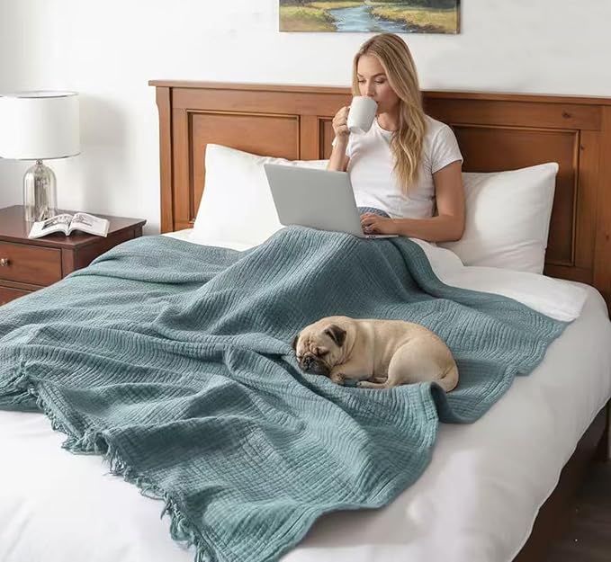 KyraHome 100% Cotton 104"x90" King Size Cotton Blankets for Adults, Kids, Couch, Plant Dyed Pre-Washed Breathable Lightweight Gauze Muslin Bed Blanket, All Season, Slate Blue