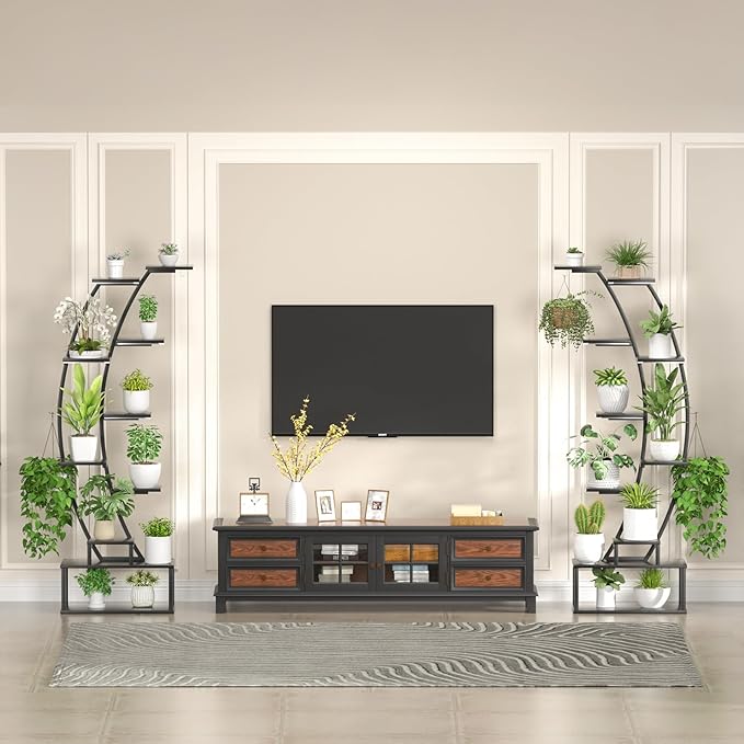 Plant Stand Shelf Rack Indoor with 8 Built in Grow Light, 10 Tiered 65" Tall Black Large Lighted Half Moon Curved Plant Stand for Indoor Growing, 2 Pack Arch Sturdy High Herb Flower Shelving