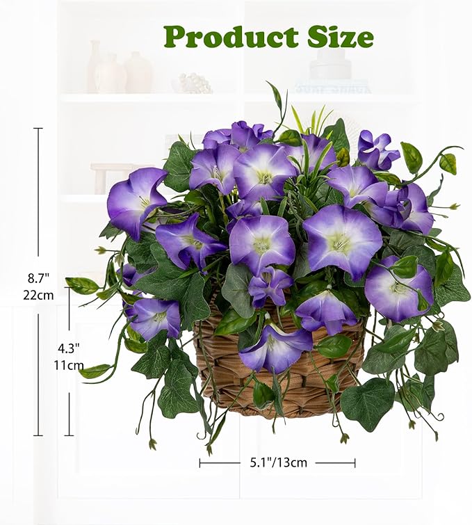 Briful Faux Floral Centerpieces with Rattan Basket Artificial Potted Morning Glory Silk Flowers Fake Flower Arrangement for Home Office Dining Room Table Wedding Party Decor(Purple)