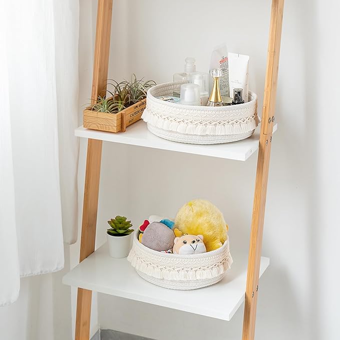Mkono 2 Pack Macrame Storage Baskets Decorative Woven Cotton Rope Basket for Shelves Countertop Organizer Boho Decor for Organizing Living Room Bedroom Entryway