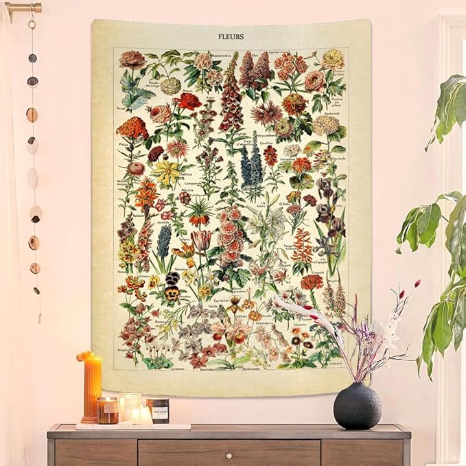 Vintage Flowers Tapestry 48”x36”, Long Vertical Wall Hanging Reference Illustrative Botanical Tapestries for Bedroom Aesthetic Floral Tapistry Botanical Plants Tapestry Wall Hanging Cute Bedroom Decor