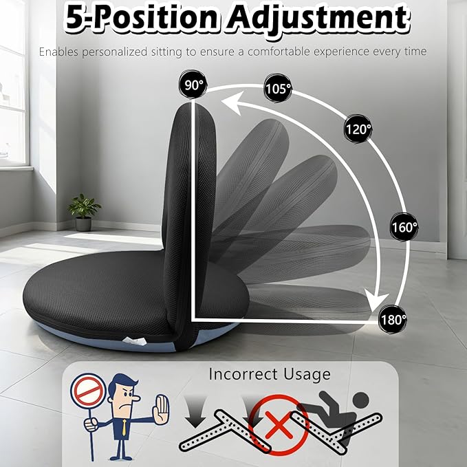 Floor Chair Floor Cushion Folding Padded Gaming Chair Adjustable 5-Position Floor Seat with Back Support for Kids Adult Great for Gaming Reading Meditating (Black)