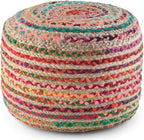 SIMPLIHOME Margo Round Pouf - 20 inch Wide Handwoven Jute and Cotton Braided Ottoman in Multi-Color, Boho-Style Footstool or Extra Seating for Living Room with Polystyrene Bead Filling, Assembled