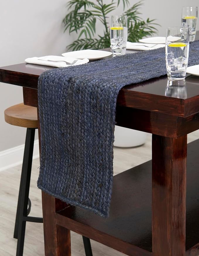 Unique Loom Braided Jute Collection Area Rug - Dhaka (1' 2" x 10' Table Runner, Navy Blue)