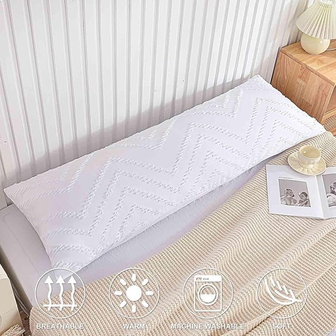 Nanko Body Pillow Case Cover 1 Pack 20x54 with Zipper, White Tufted Jacquard Boho Soft Shabby Chic Microfiber Long Decorative Pillow Covers/Pillow Shams, Comfortable Body Pillowcase for Women Men