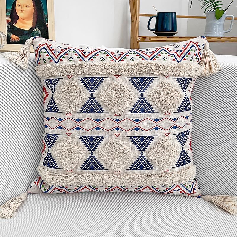 Boho Tufted Decorative Throw Pillow Cover, Cozy Bohemian Cotton Canvas Cushion Cover Tassels Pillow Case Home Decor 17"X 17",03