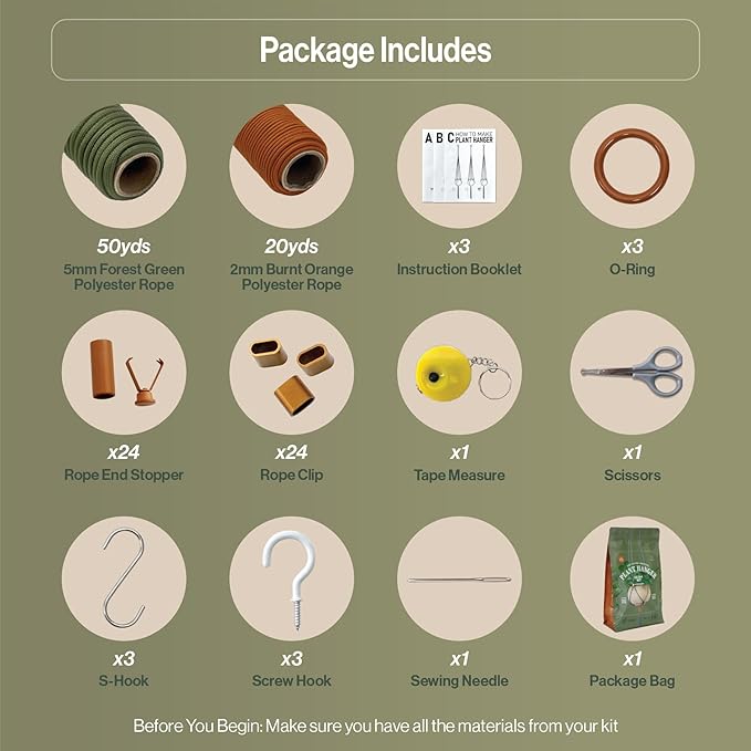 Macrame Kits for Beginners, 3 Set of Plant Hangers DIY Kit: Braided Polyester Ropes 50yds*5mm Forest Green, 20yds*2mm Burnt Orange, 60+Pcs Supplies with Step-by-Step Easy Instructions (GROR)