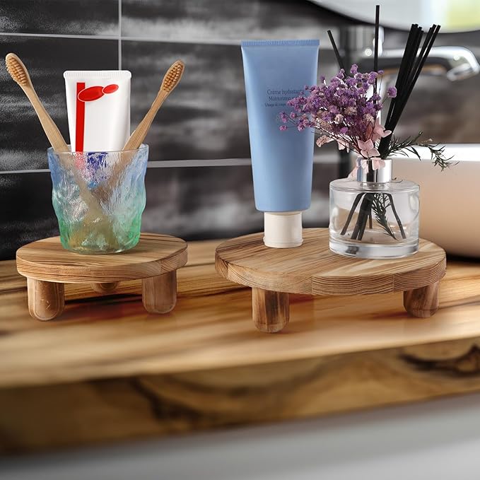 Sintuff 4 Pack Mini Wooden Plant Stool Display Wood Cake Stand 12/10/8/6 Inch Round Plant Risers Holder for Flower Pot Wooden Stool Indoor Outdoor Wood Stand(Wood Color)