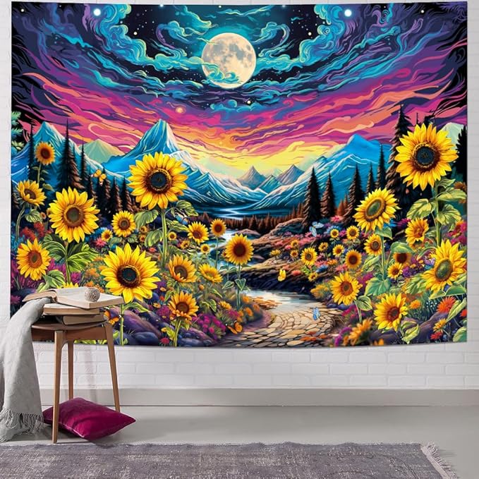 Dermijer Blacklight Moon Sunflower Tapestry Starry Night Mountian UV Reactive Wall Hanging Tapestries Galaxy Space Nature Landscape Tapestry for Home Decor 90.2L x 70.8W